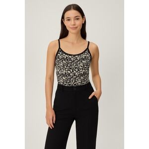 About A Girl Black Floral Bodysuit Womens Sz Large Spandex Snap Closure Tank Top